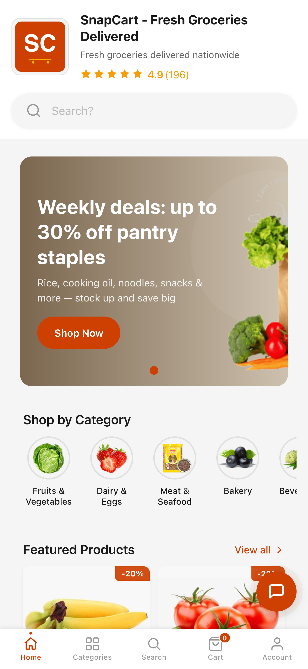 SnapCart mobile bottom navigation bar for touch-friendly browsing