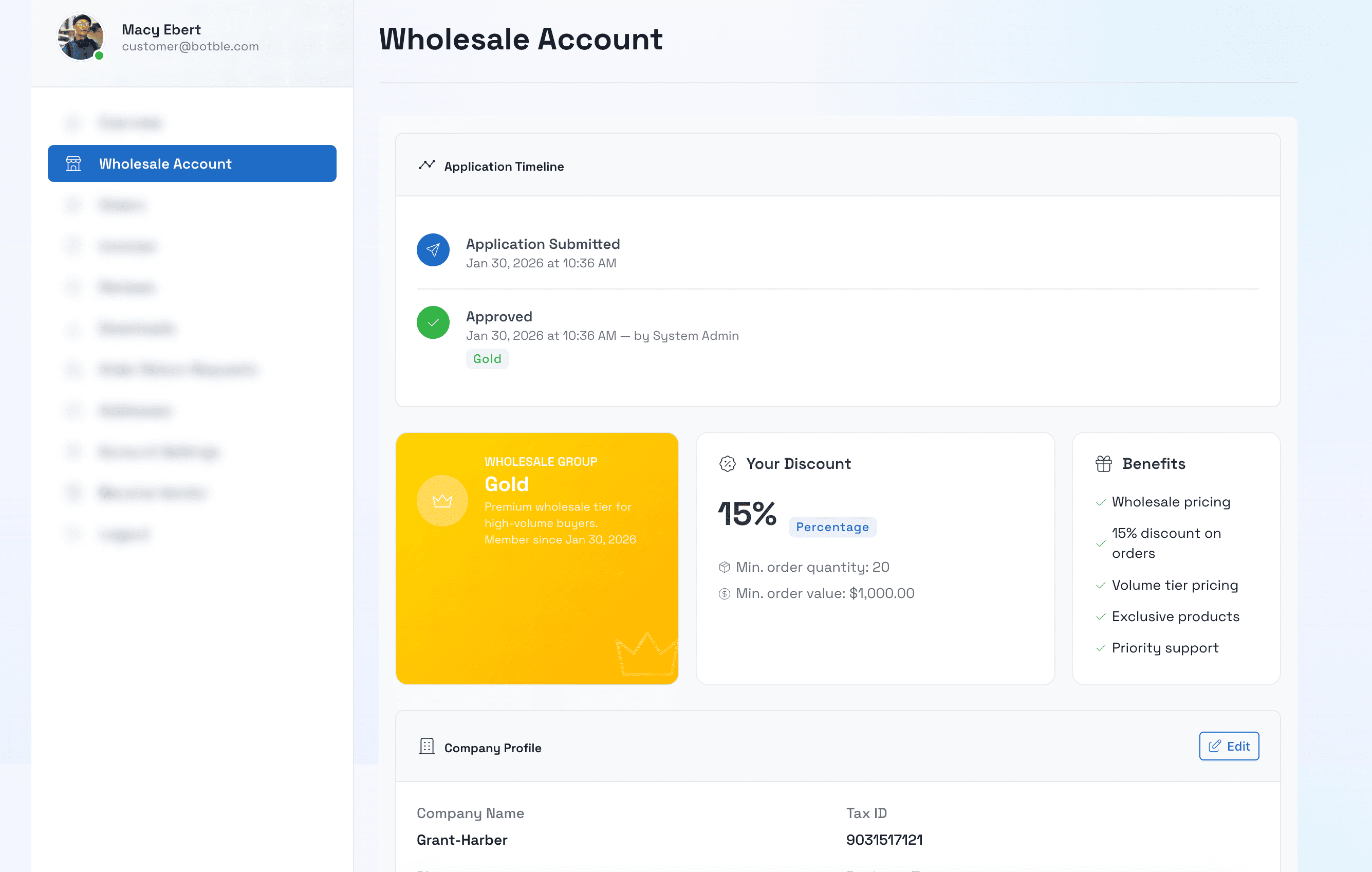 Wholesale Account in Customer Dashboard