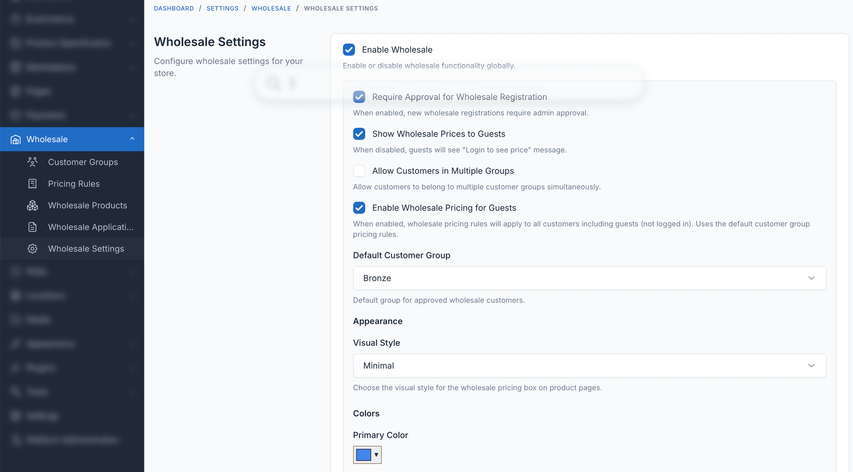 Wholesale Settings